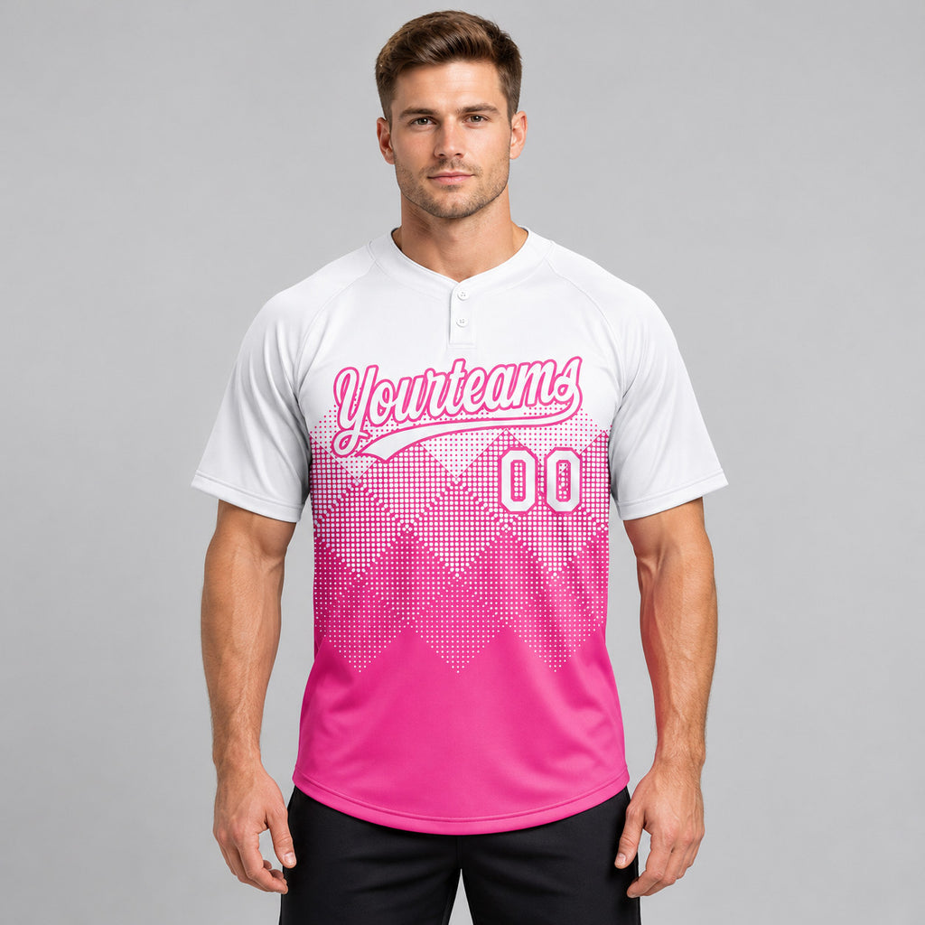 Custom Pink Gradient Square Shapes Two Button Softball Jersey with White Lettering worn by male model