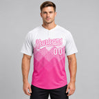 Custom Pink Gradient Square Shapes Two Button Softball Jersey with White Lettering worn by male model