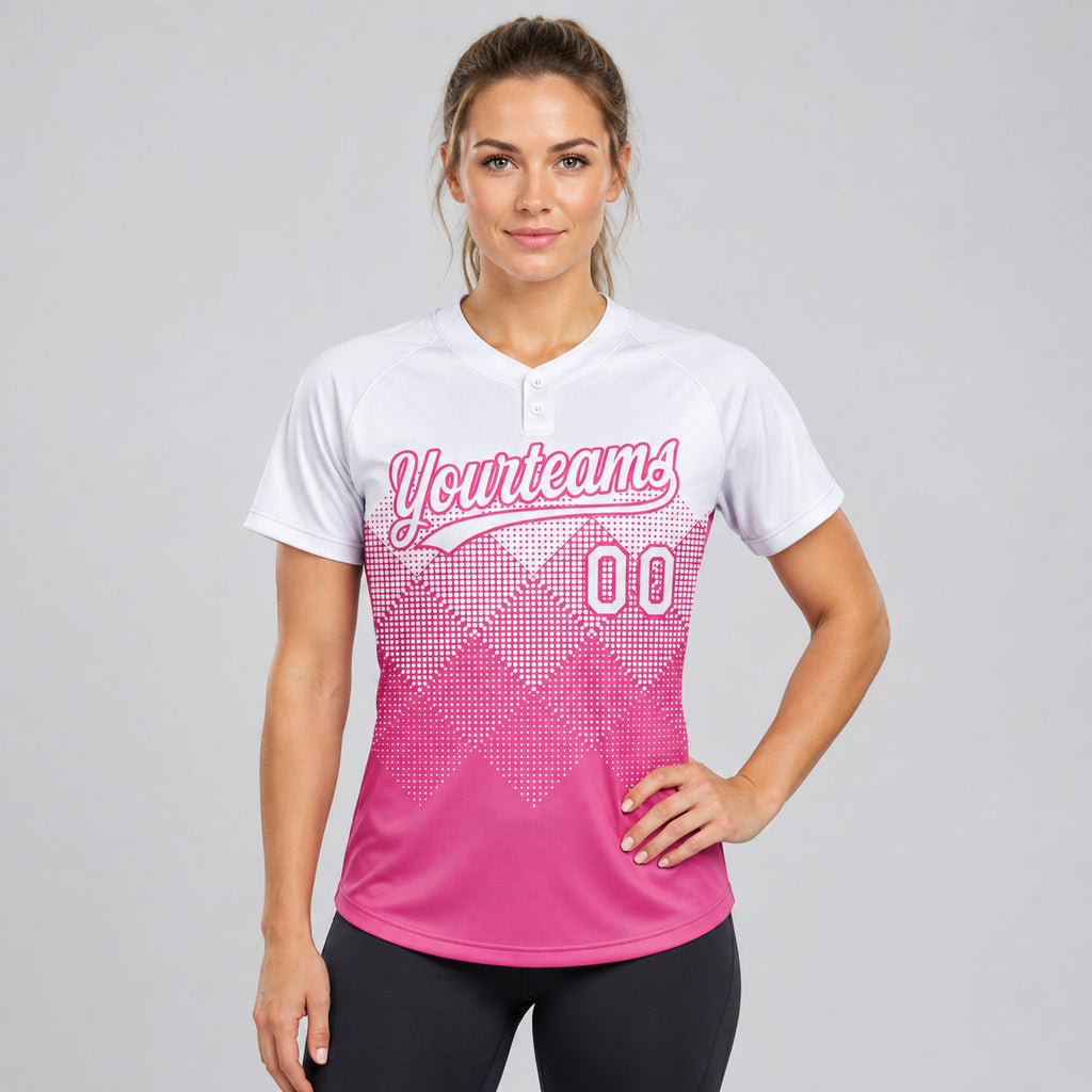 Custom Pink Gradient Square Shapes Two Button Softball Jersey with White Lettering worn by female model