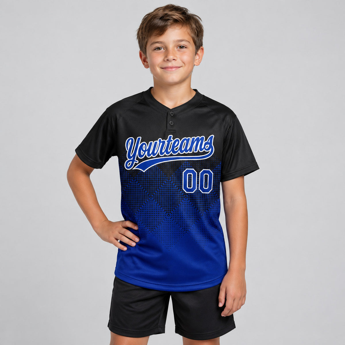 Custom Black Gradient Square Shape Two Button Softball Jersey with Royal and White Lettering youth size worn by child model