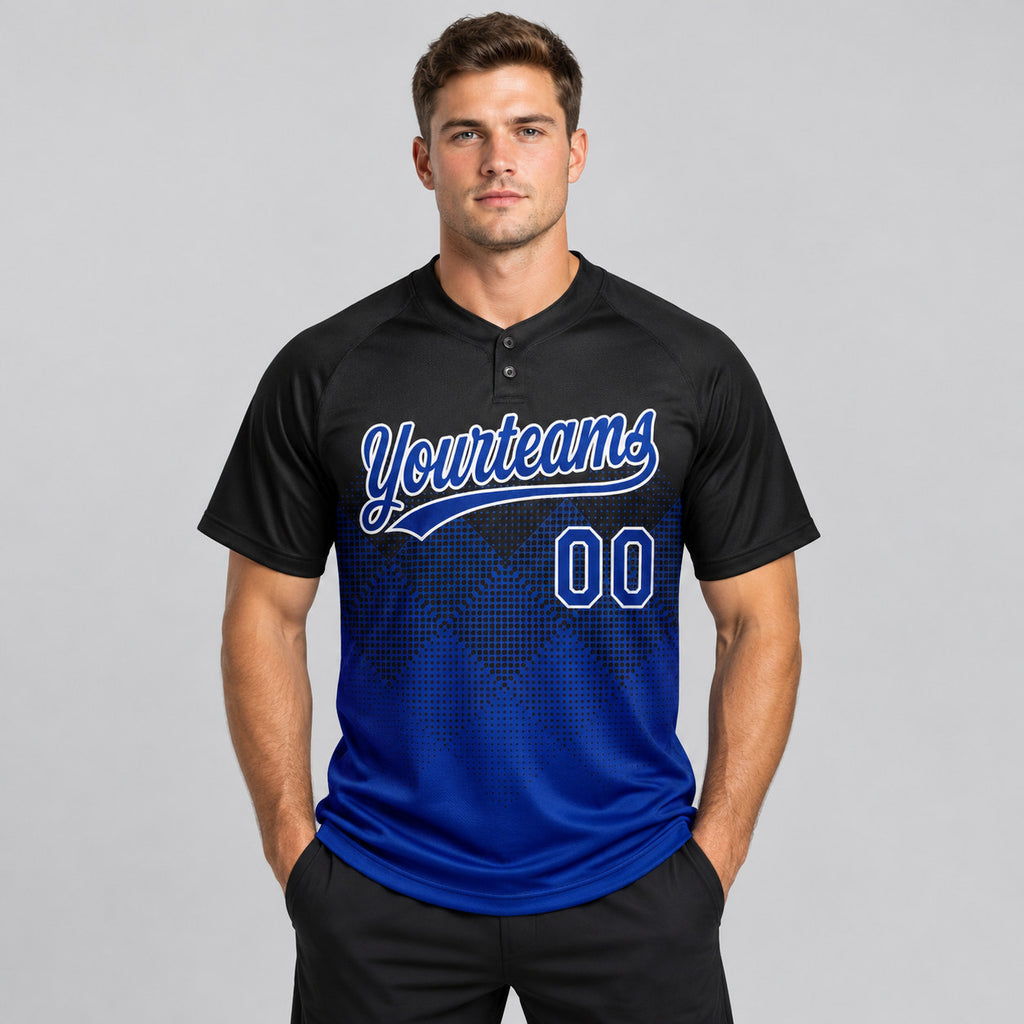 Custom Black Gradient Square Shape Two Button Softball Jersey with Royal and White Lettering worn by male model