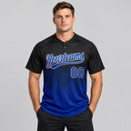 Custom Black Gradient Square Shape Two Button Softball Jersey with Royal and White Lettering worn by male model