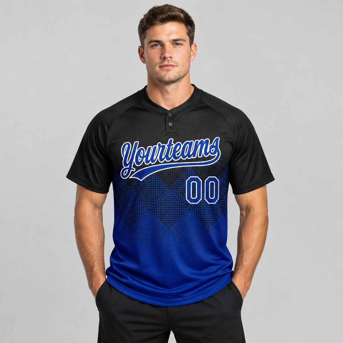 Custom Black Gradient Square Shape Two Button Softball Jersey with Royal and White Lettering worn by male model