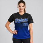 Custom Black Gradient Square Shape Two Button Softball Jersey with Royal and White Lettering worn by female model