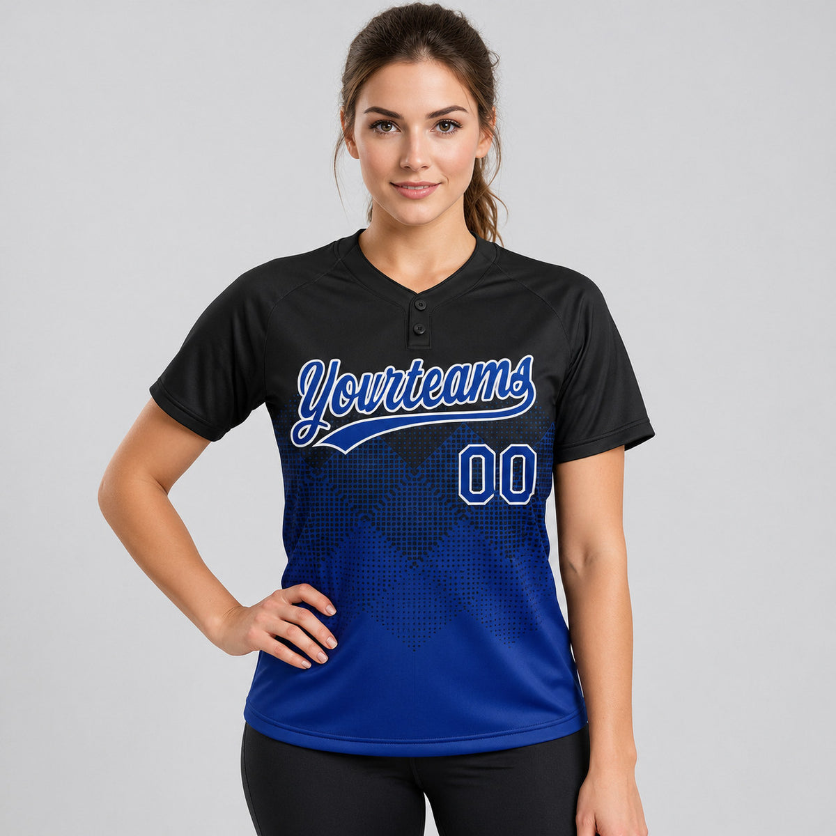 Custom Black Gradient Square Shape Two Button Softball Jersey with Royal and White Lettering worn by female model