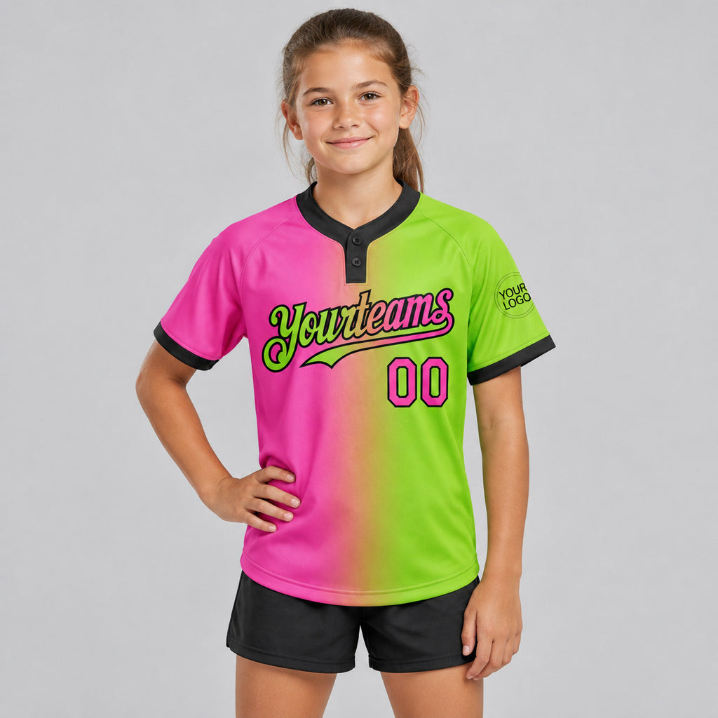 Custom Neon Green Gradient Two Button Softball Jersey with Pink and Black Lettering youth size worn by child model