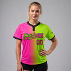 Custom Neon Green Gradient Two Button Softball Jersey with Pink and Black Lettering worn by female model