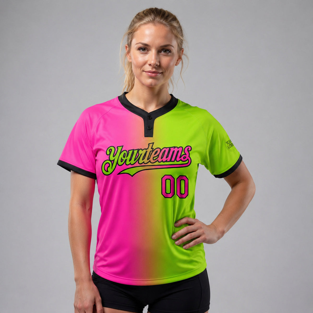 Custom Neon Green Gradient Two Button Softball Jersey with Pink and Black Lettering worn by female model