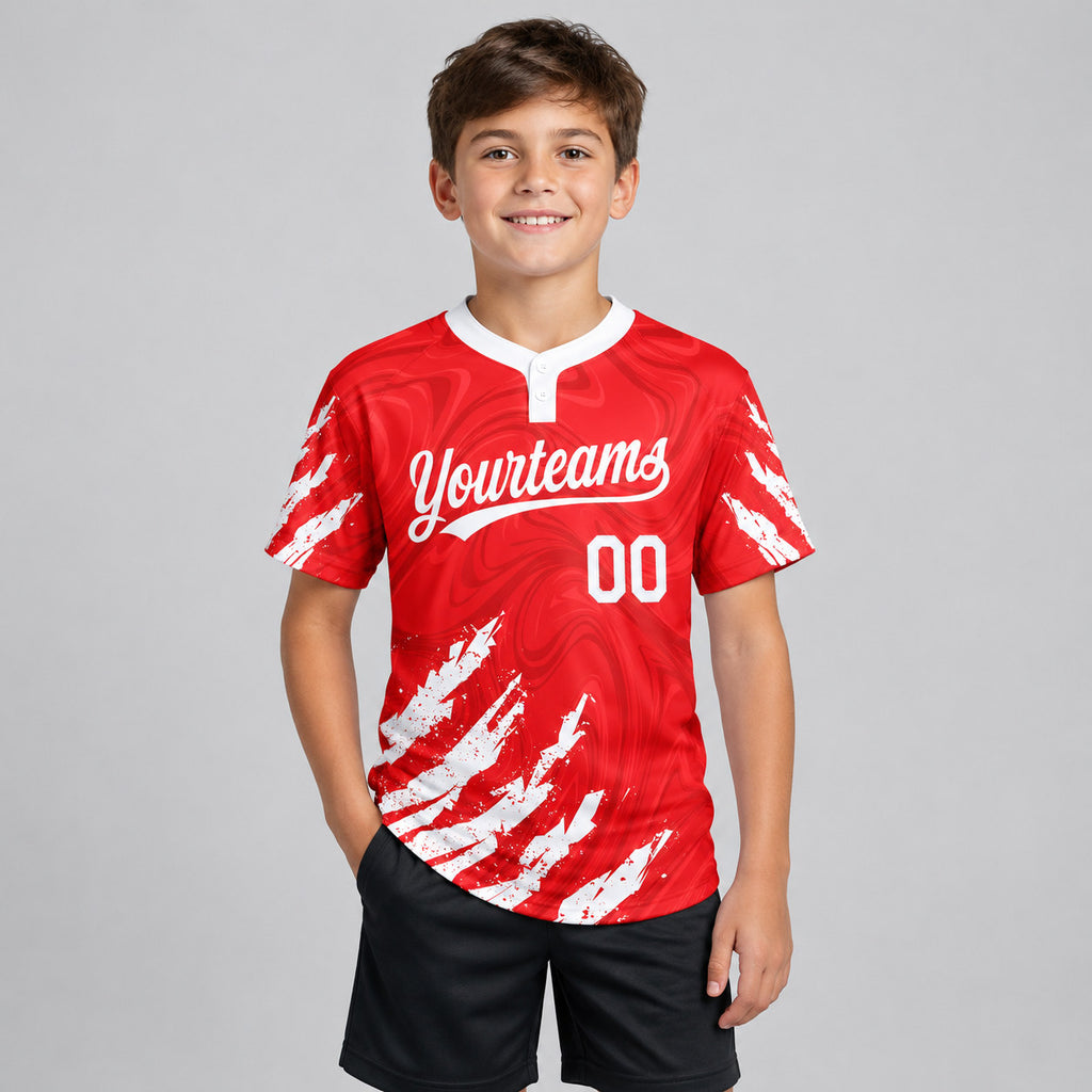Custom Red Two Button Softball Jersey with White Lettering Design 0006 youth size worn by child model