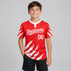 Custom Red Two Button Softball Jersey with White Lettering Design 0006 youth size worn by child model