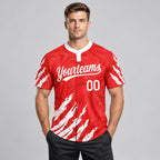 Custom Red Two Button Softball Jersey with White Lettering Design 0006 worn by male model