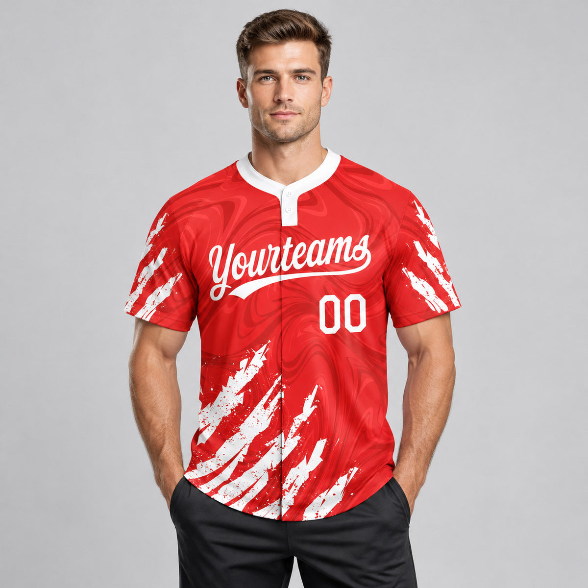 Custom Red Two Button Softball Jersey with White Lettering Design 0006 worn by male model