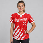 Custom Red Two Button Softball Jersey with White Lettering Design 0006 worn by female model