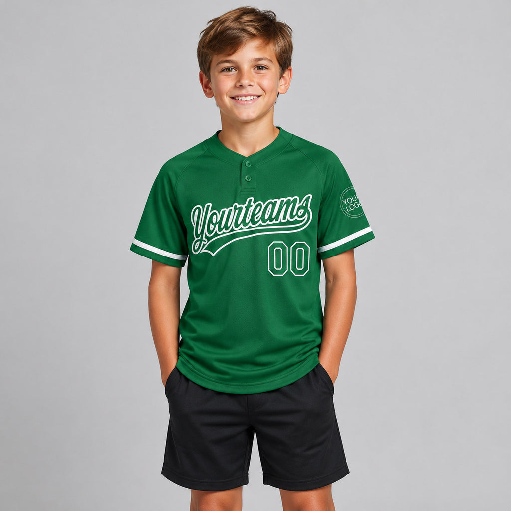 Custom Kelly Green Two Button Softball Jersey with White Lettering youth size worn by child model