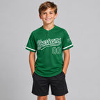 Custom Kelly Green Two Button Softball Jersey with White Lettering youth size worn by child model