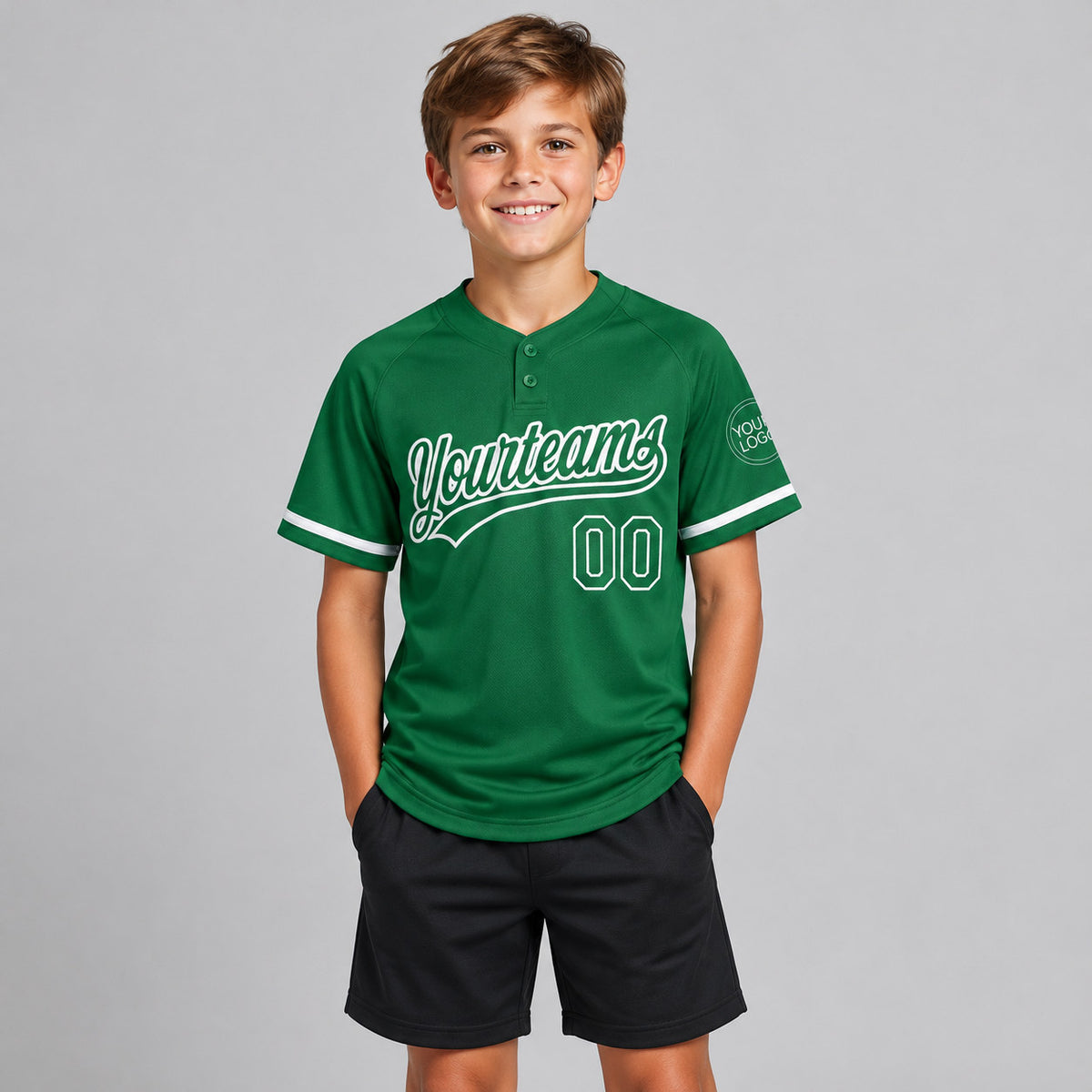 Custom Kelly Green Two Button Softball Jersey with White Lettering youth size worn by child model