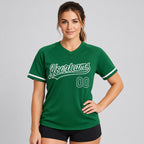 Custom Kelly Green Two Button Softball Jersey with White Lettering worn by female model