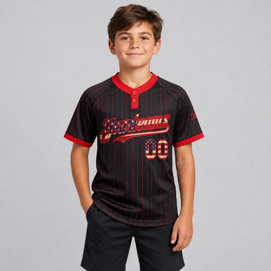 Custom Black Vintage USA Flag Two Button Pinstripe Softball Jersey with Red Lettering youth size worn by child model