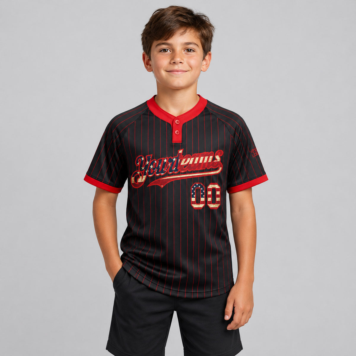 Custom Black Vintage USA Flag Two Button Pinstripe Softball Jersey with Red Lettering youth size worn by child model