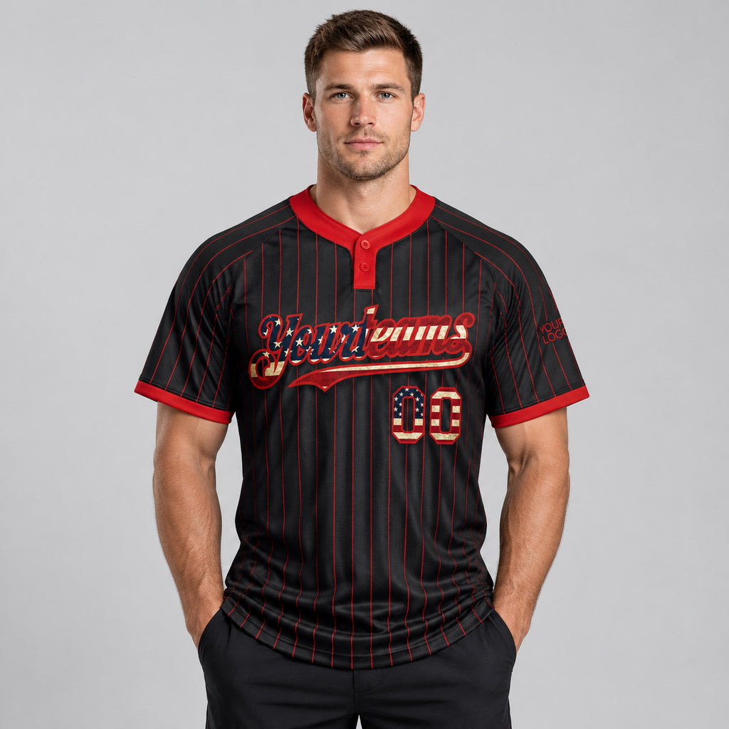 Custom Black Vintage USA Flag Two Button Pinstripe Softball Jersey with Red Lettering worn by male model