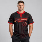 Custom Black Vintage USA Flag Two Button Pinstripe Softball Jersey with Red Lettering worn by male model