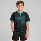 Custom Black Two Button Pinstripe Softball Jersey with Teal Lettering Design 0944 youth size worn by child model