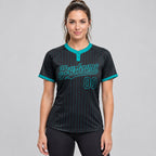 Custom Black Two Button Pinstripe Softball Jersey with Teal Lettering Design 0944 worn by female model