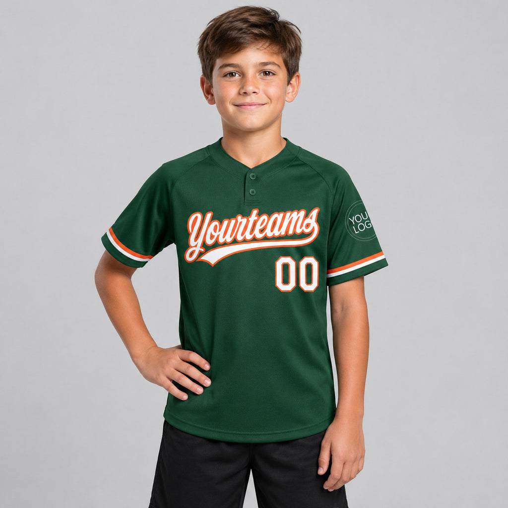 Custom Green Two Button Softball Jersey with White and Orange Lettering youth size worn by child model