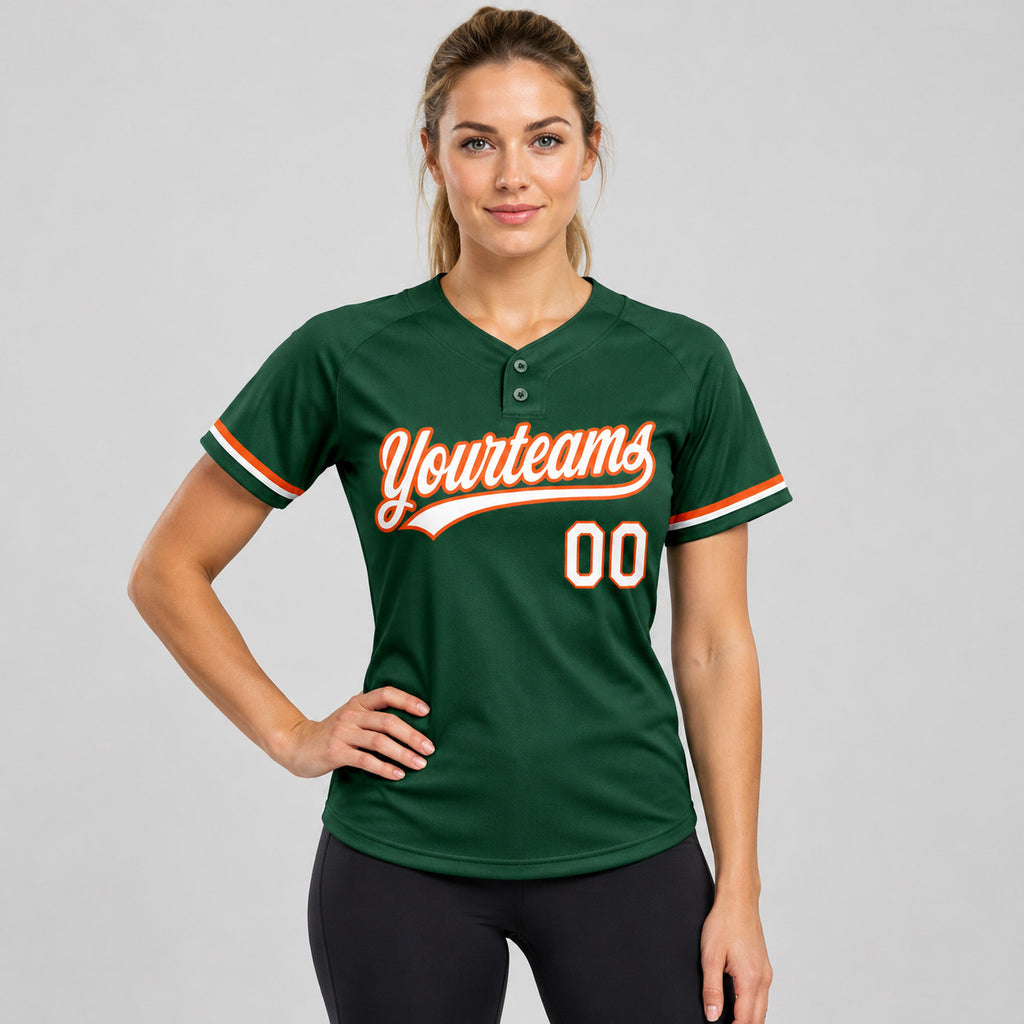 Custom Green Two Button Softball Jersey with White and Orange Lettering worn by female model