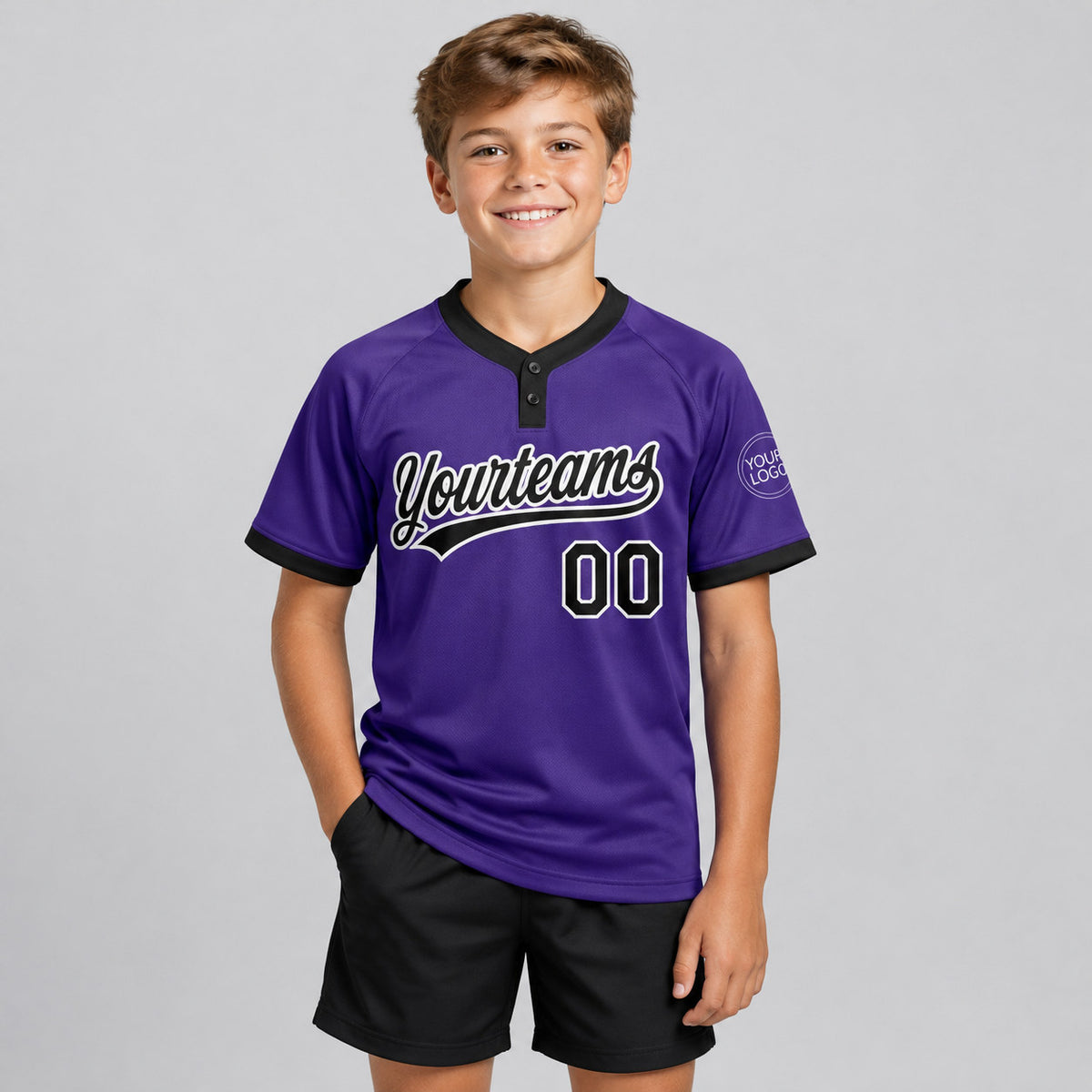 Custom Purple Two Button Softball Jersey with Black and White Lettering Design 0162 youth size worn by child model