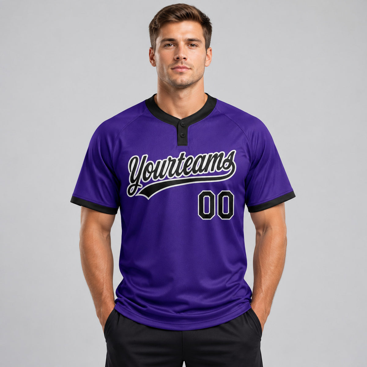 Custom Purple Two Button Softball Jersey with Black and White Lettering Design 0162 worn by male model
