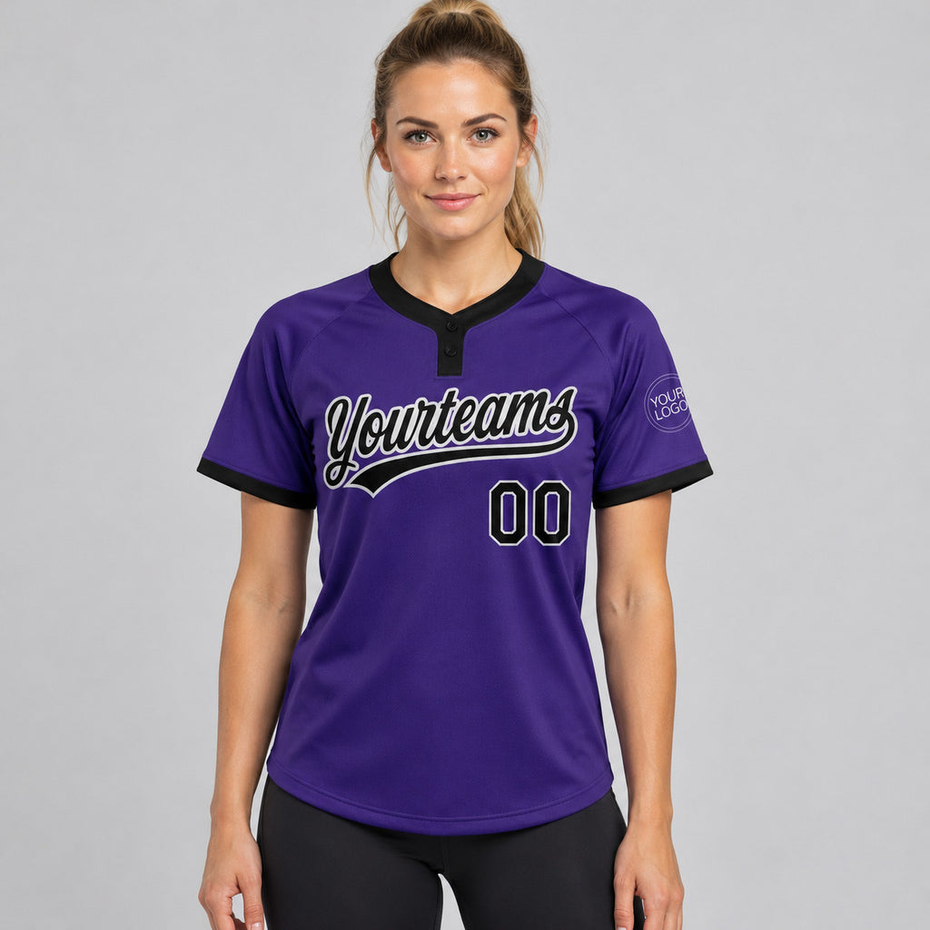 Custom Purple Two Button Softball Jersey with Black and White Lettering Design 0162 worn by female model