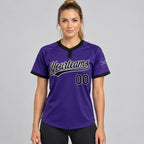 Custom Purple Two Button Softball Jersey with Black and White Lettering Design 0162 worn by female model