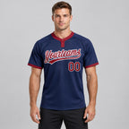 Custom Navy Two Button Softball Jersey with Crimson and White Lettering worn by male model