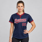 Custom Navy Two Button Softball Jersey with Crimson and White Lettering worn by female model