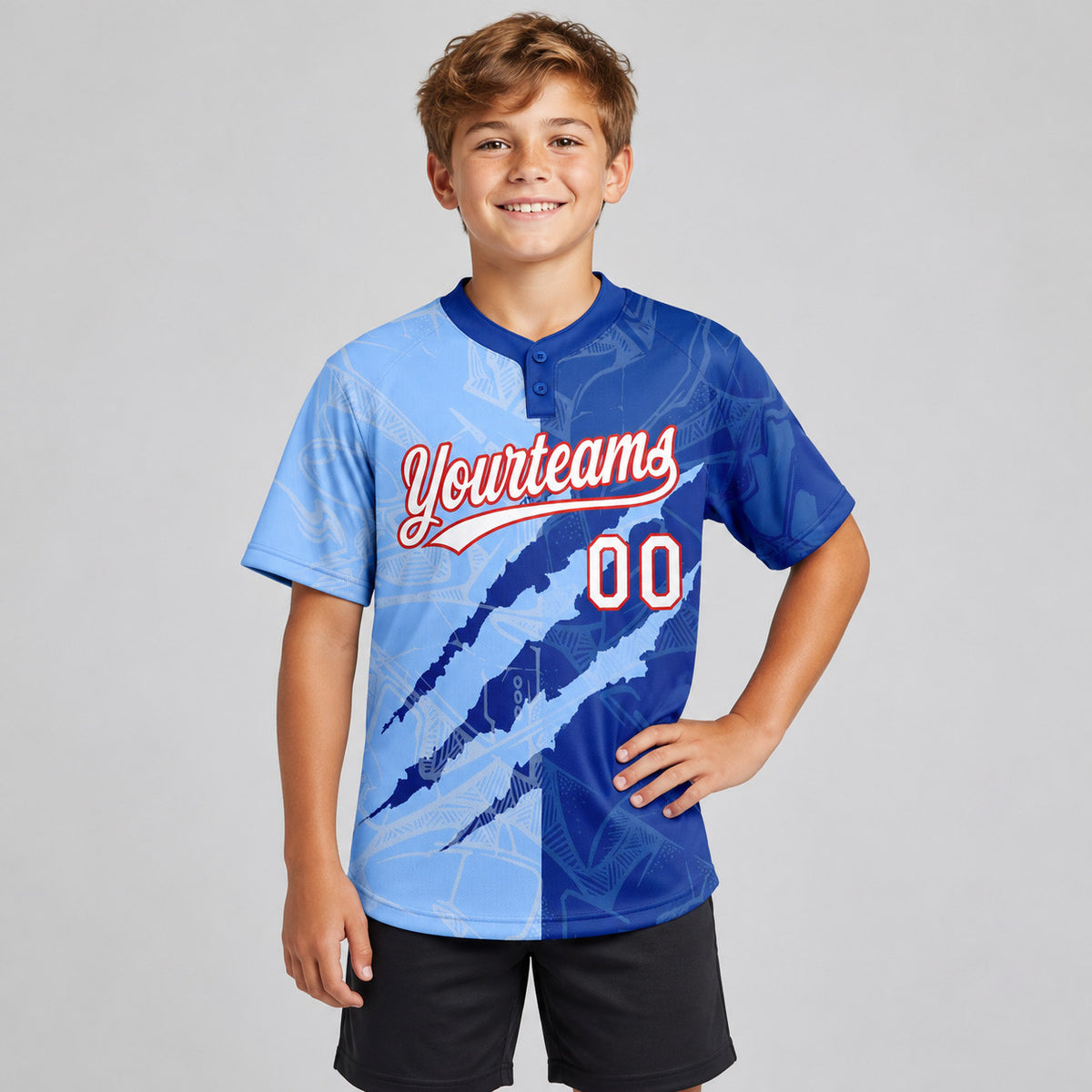 Custom Light Blue Graffiti Two Button Softball Jersey with Royal and Red Lettering youth size worn by child model