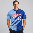 Custom Light Blue Graffiti Two Button Softball Jersey with Royal and Red Lettering worn by male model