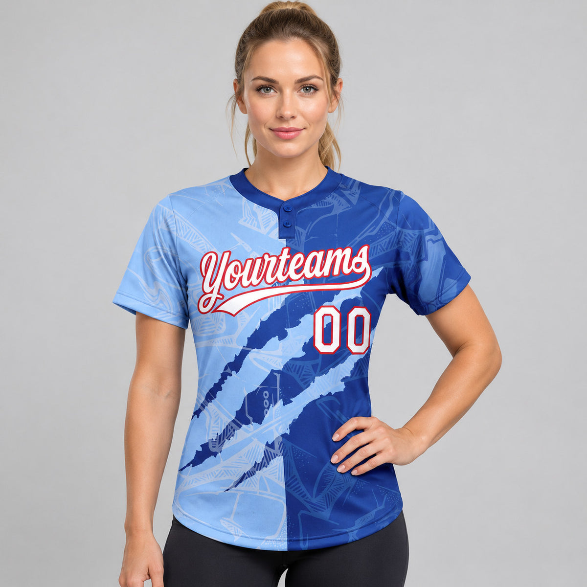 Custom Light Blue Graffiti Two Button Softball Jersey with Royal and Red Lettering worn by female model
