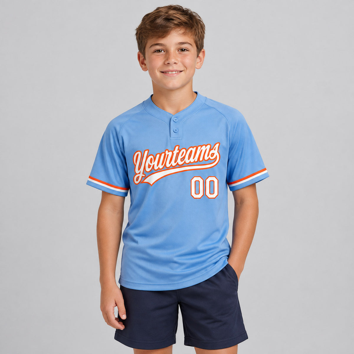 Custom Light Blue Two Button Softball Jersey with White and Orange Lettering youth size worn by child model