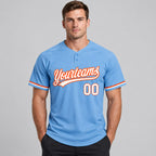Custom Light Blue Two Button Softball Jersey with White and Orange Lettering worn by male model