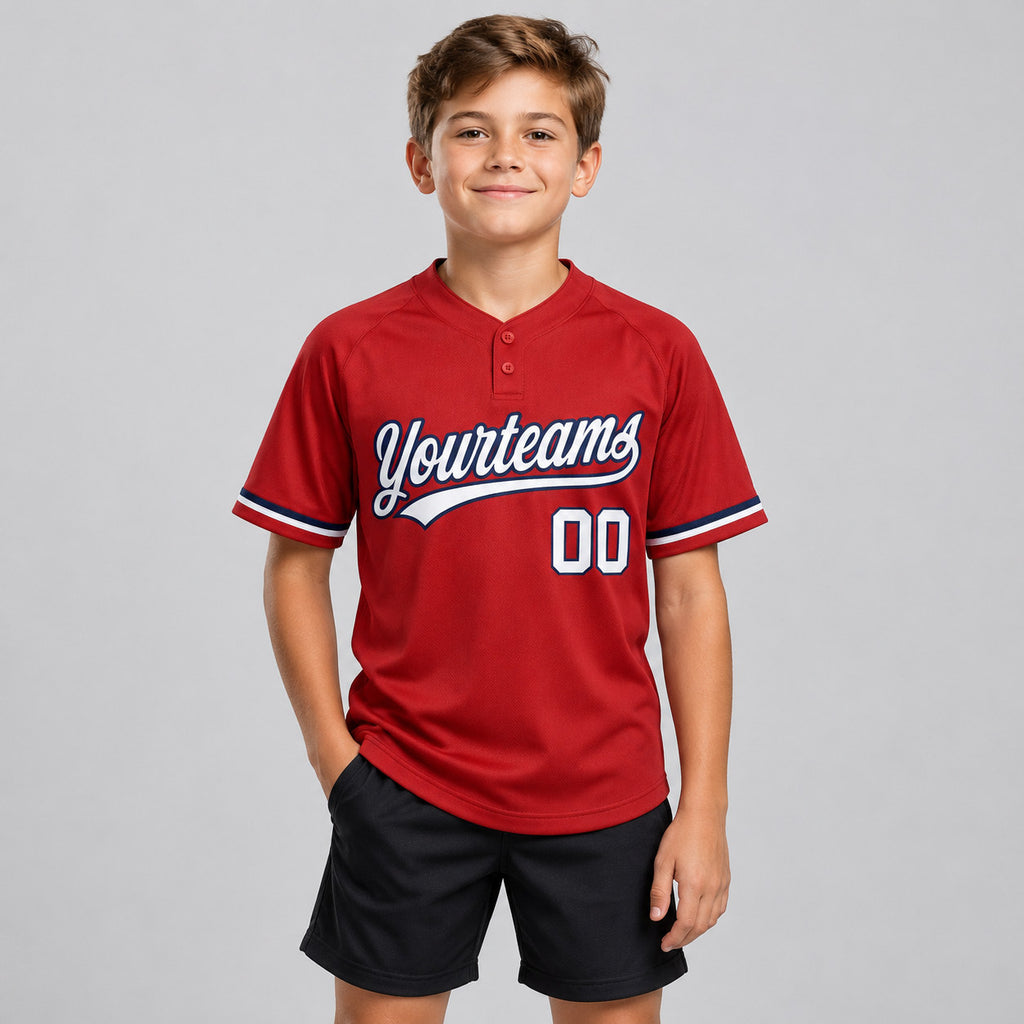 Custom Red Two Button Softball Jersey with White and Navy Lettering youth size worn by child model