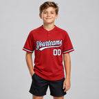 Custom Red Two Button Softball Jersey with White and Navy Lettering youth size worn by child model