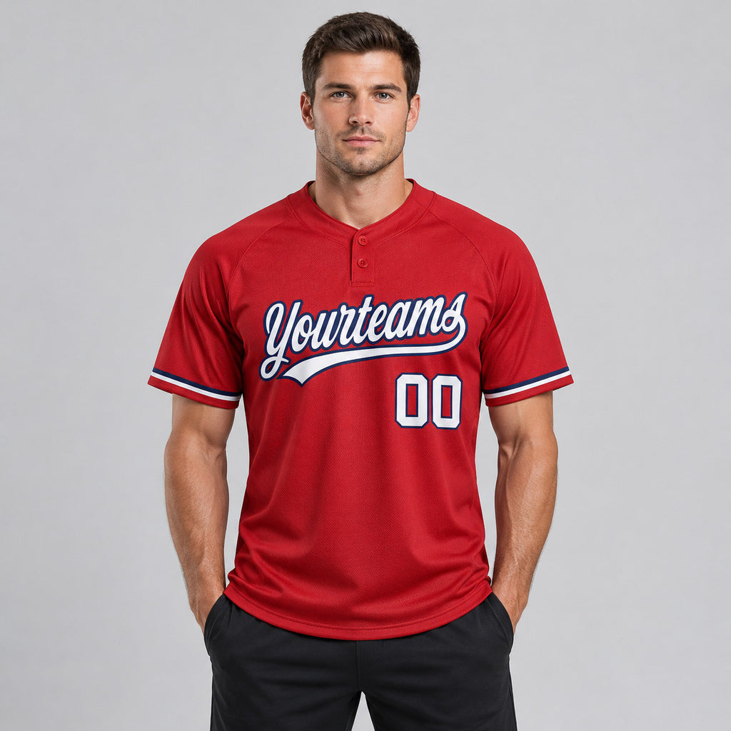 Custom Red Two Button Softball Jersey with White and Navy Lettering worn by male model