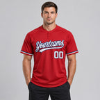 Custom Red Two Button Softball Jersey with White and Navy Lettering worn by male model