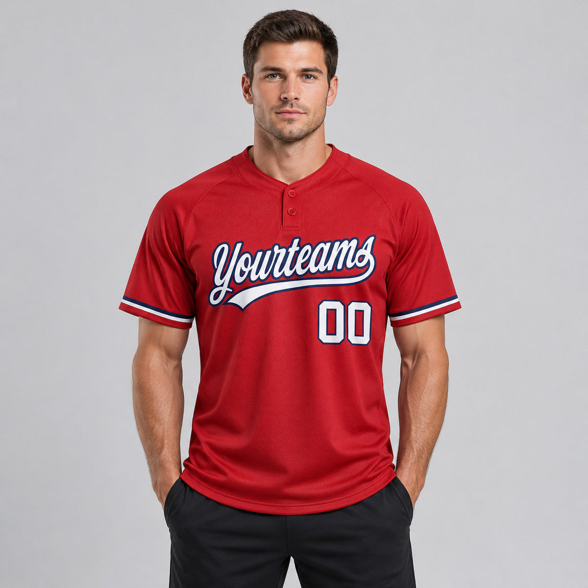 Custom Red Two Button Softball Jersey with White and Navy Lettering worn by male model