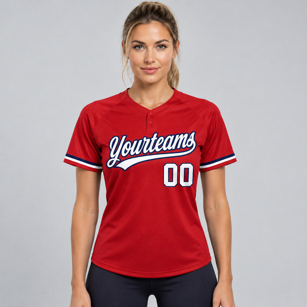 Custom Red Two Button Softball Jersey with White and Navy Lettering worn by female model