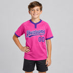 Custom Pink Two Button Softball Jersey with Purple and White Lettering youth size worn by child model