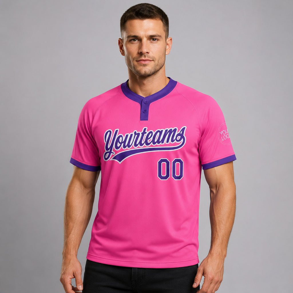 Custom Pink Two Button Softball Jersey with Purple and White Lettering worn by male model