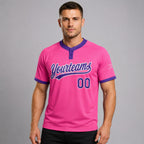 Custom Pink Two Button Softball Jersey with Purple and White Lettering worn by male model