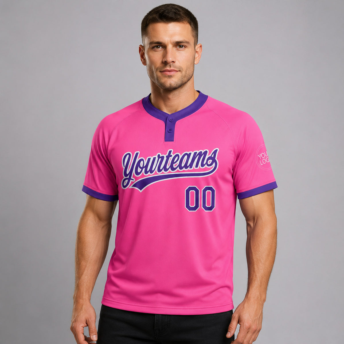 Custom Pink Two Button Softball Jersey with Purple and White Lettering worn by male model